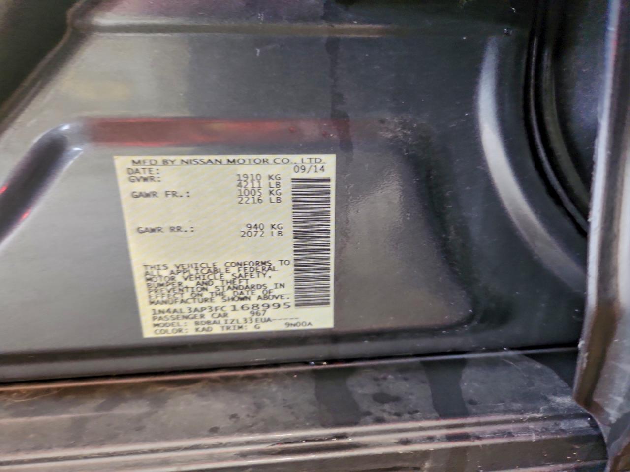 2015 Nissan Altima 2.5 VIN: 1N4AL3AP3FC168995 Lot: 92885865