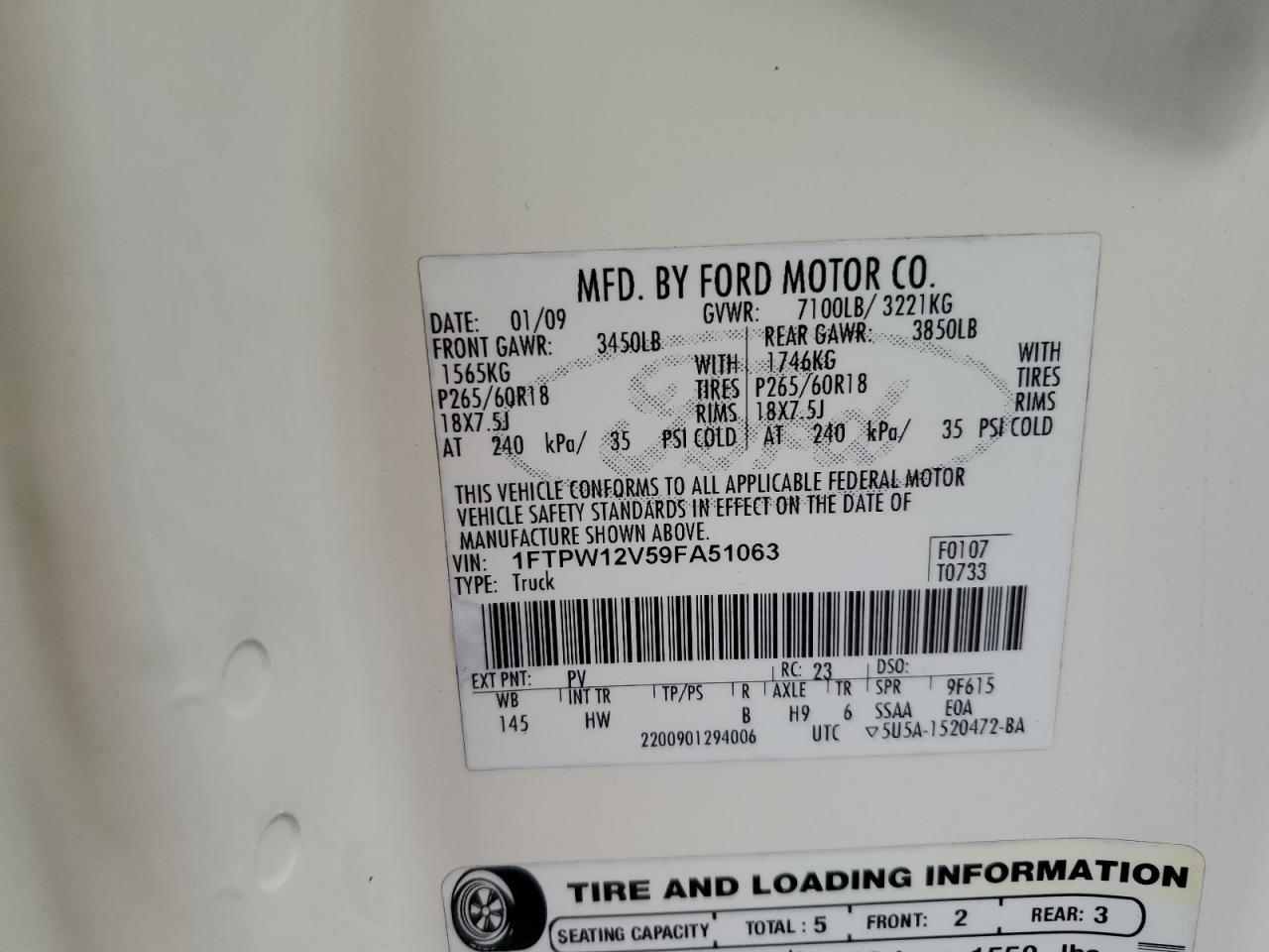 2009 Ford F150 Supercrew VIN: 1FTPW12V59FA51063 Lot: 91629485