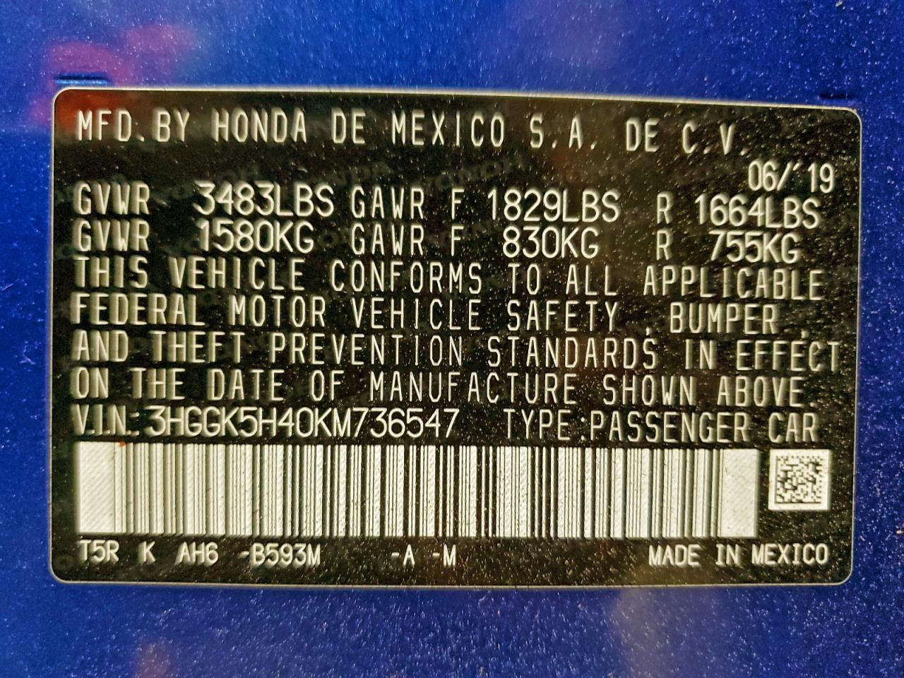 2019 Honda Fit Lx VIN: 3HGGK5H40KM736547 Lot: 94583755