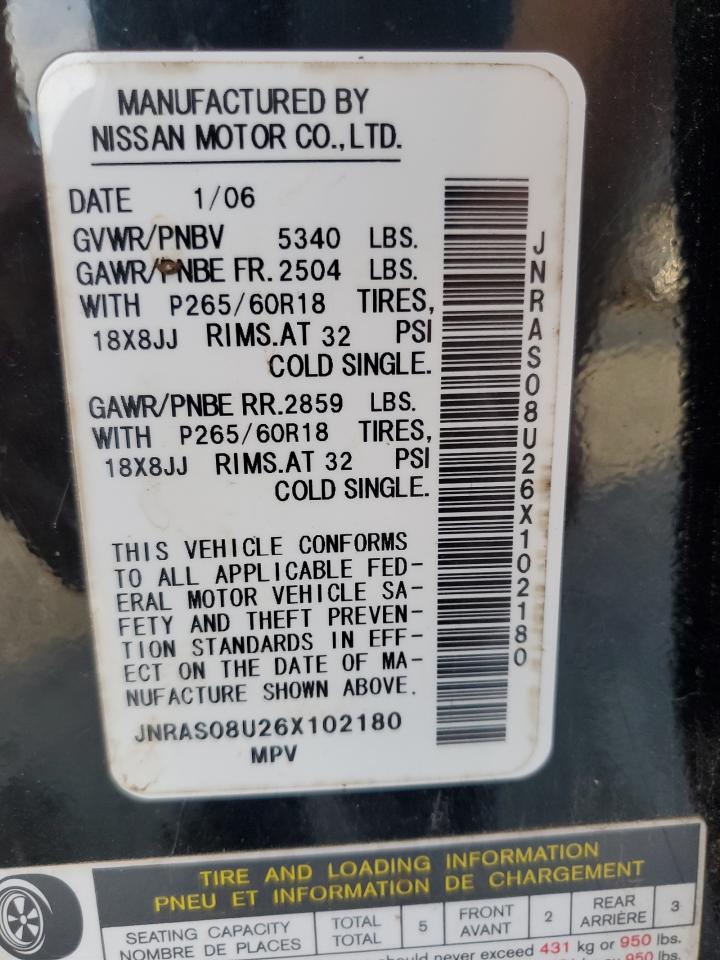 2006 Infiniti Fx35 VIN: JNRAS08U26X102180 Lot: 92403205