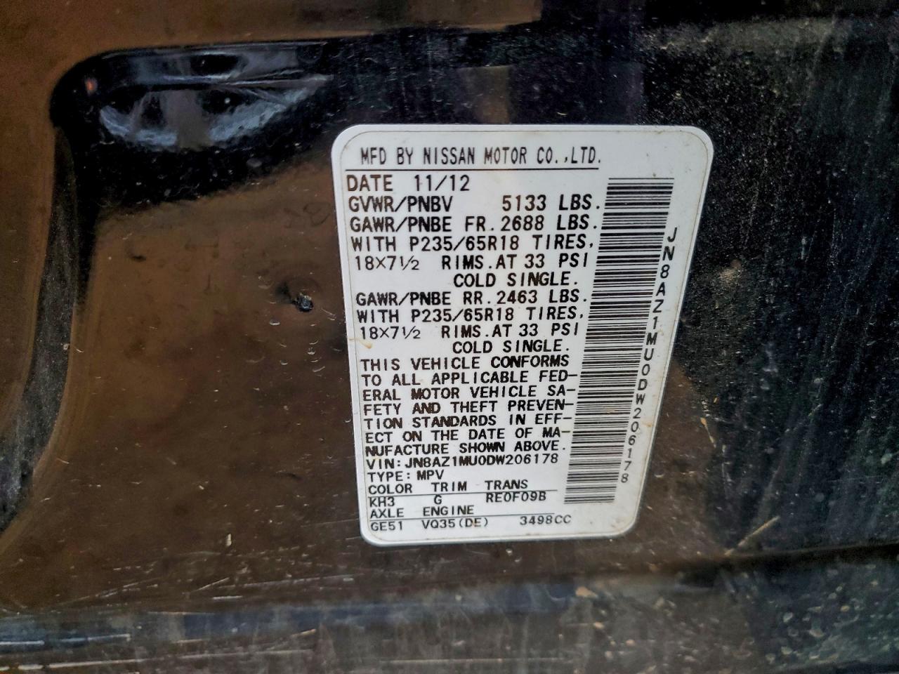 2013 Nissan Murano S VIN: JN8AZ1MU0DW206178 Lot: 93915065