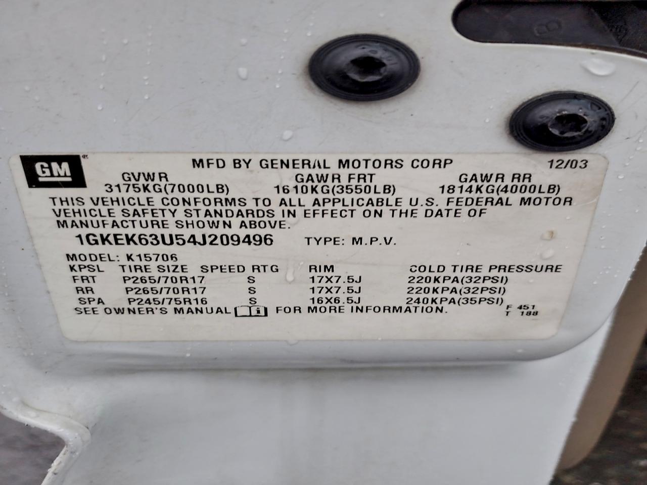 2004 GMC Yukon Denali VIN: 1GKEK63U54J209496 Lot: 94347235