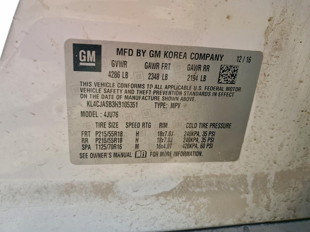 2017 Buick Encore Preferred VIN: KL4CJASB3HB105351 Lot: 93494165