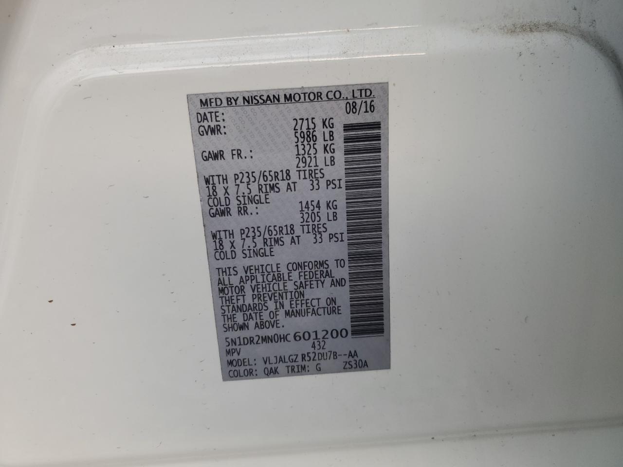 2017 Nissan Pathfinder S VIN: 5N1DR2MN0HC601200 Lot: 92915105