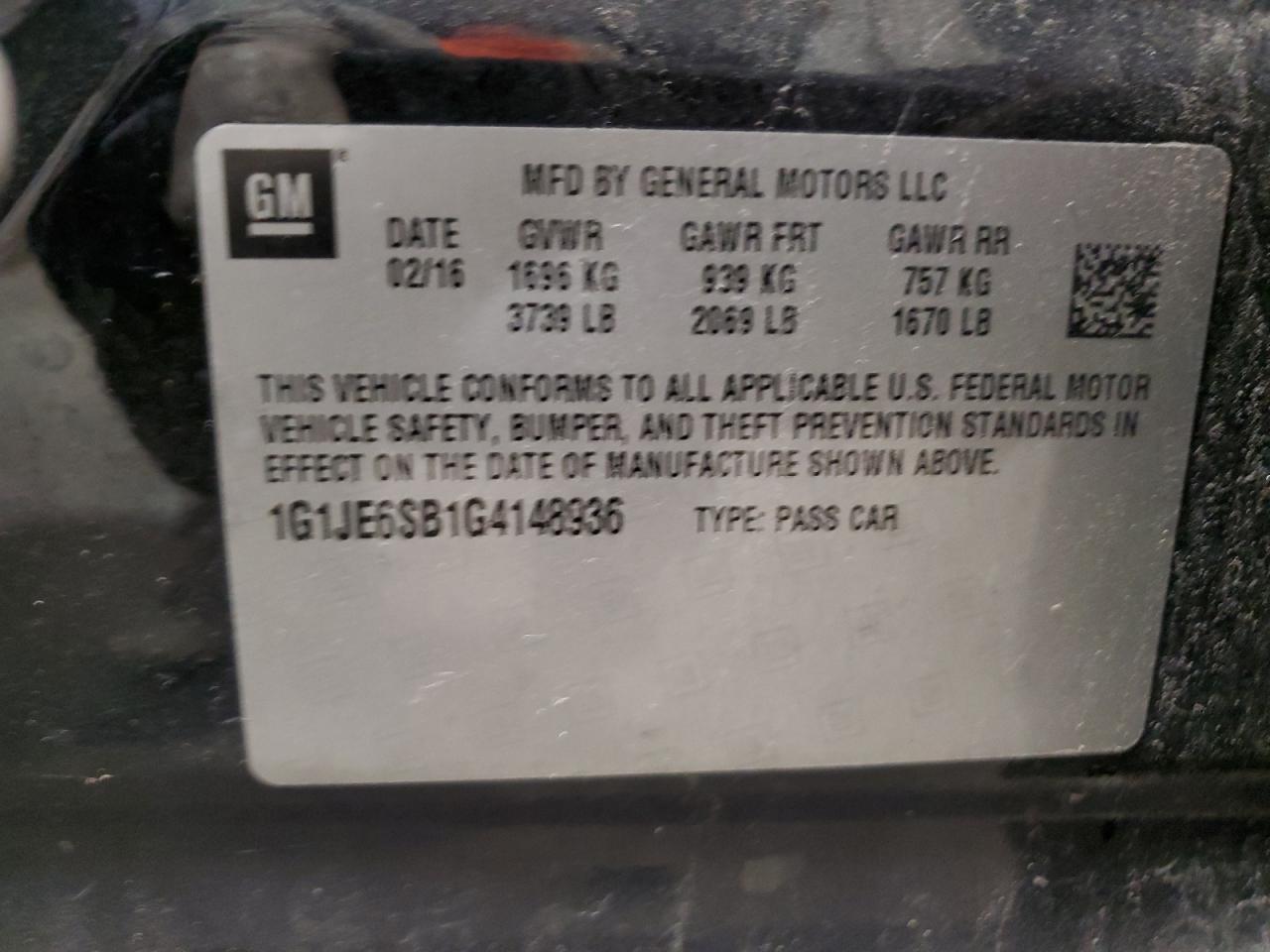 2016 Chevrolet Sonic Ltz VIN: 1G1JE6SB1G4148936 Lot: 91685015