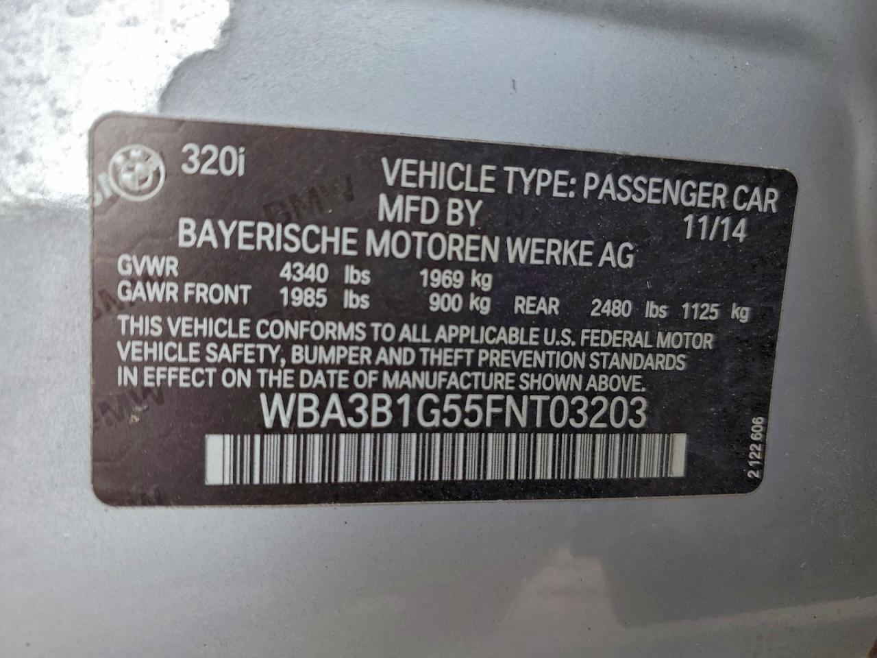 2015 BMW 320 I VIN: WBA3B1G55FNT03203 Lot: 94001315