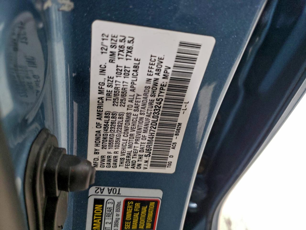 2013 Honda Cr-V Exl VIN: 5J6RM4H72DL033245 Lot: 93840425