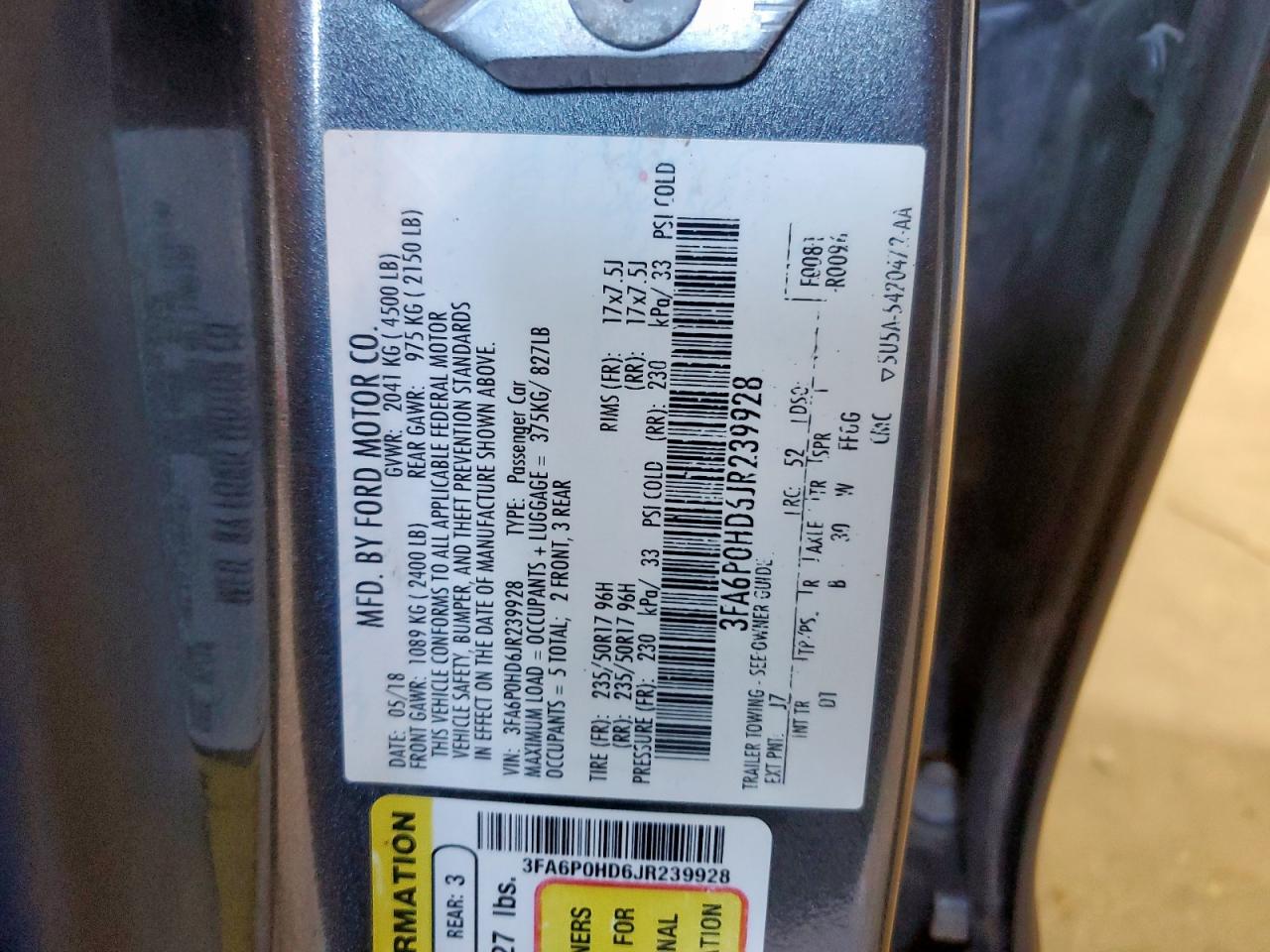 2018 Ford Fusion Se VIN: 3FA6P0HD6JR239928 Lot: 90576035