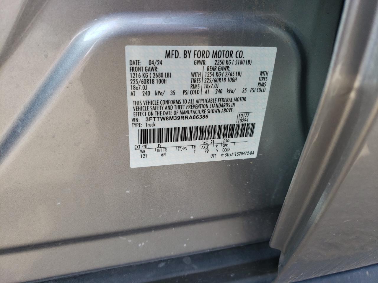 2024 Ford Maverick Lariat VIN: 3FTTW8M39RRA86386 Lot: 92793765