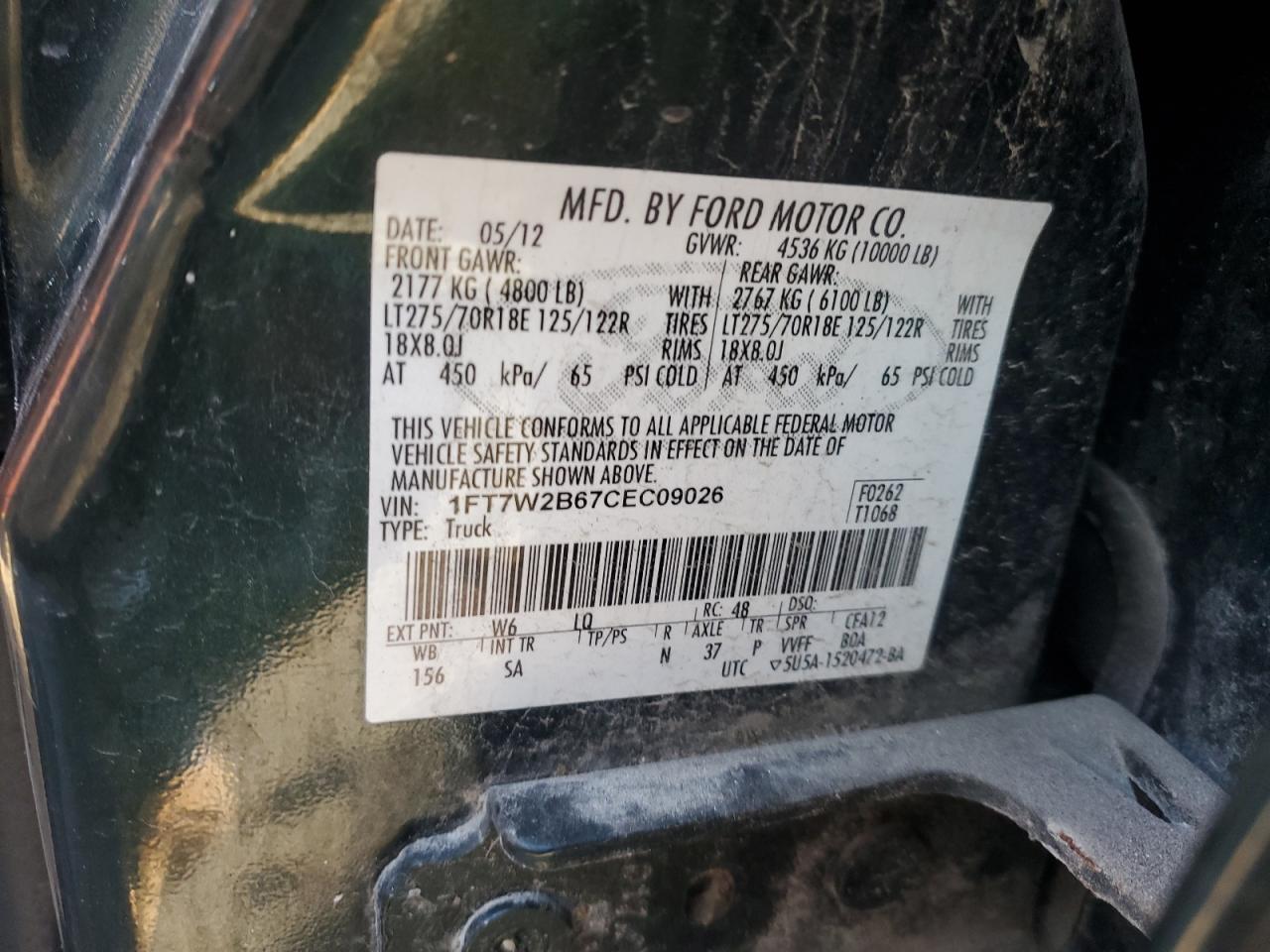 2012 Ford F250 Super Duty VIN: 1FT7W2B67CEC09026 Lot: 92914395