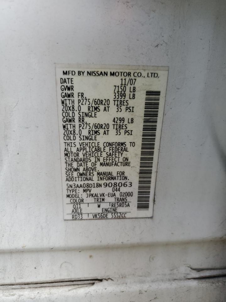 2008 Infiniti Qx56 VIN: 5N3AA08D18N908063 Lot: 92042435