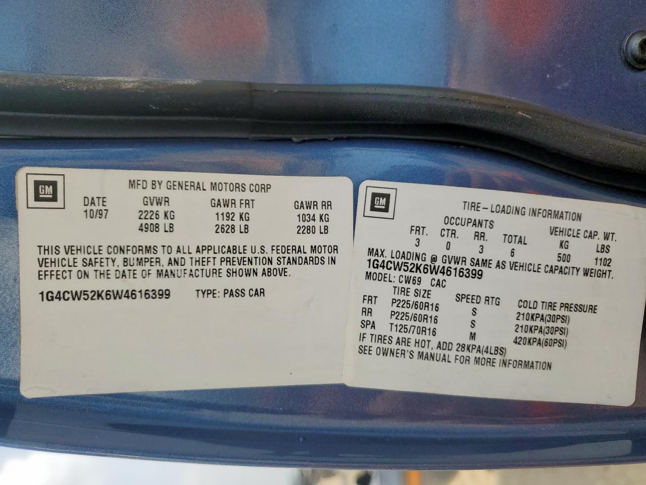 1998 Buick Park Avenue VIN: 1G4CW52K6W4616399 Lot: 93539905