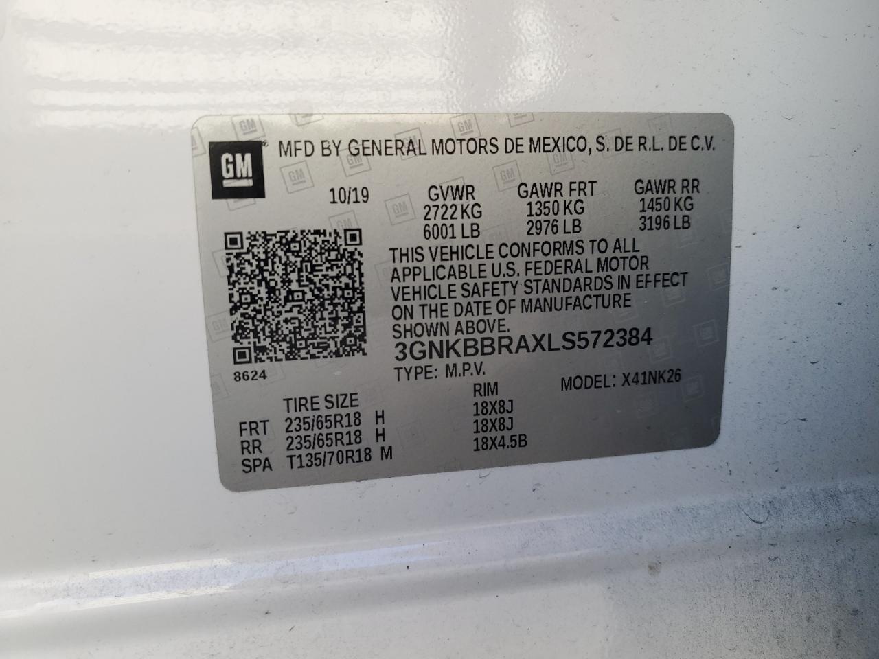 2020 Chevrolet Blazer 1Lt VIN: 3GNKBBRAXLS572384 Lot: 92930795