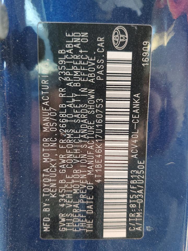 2007 Toyota Camry Ce VIN: 4T1BE46K17U160753 Lot: 92864595