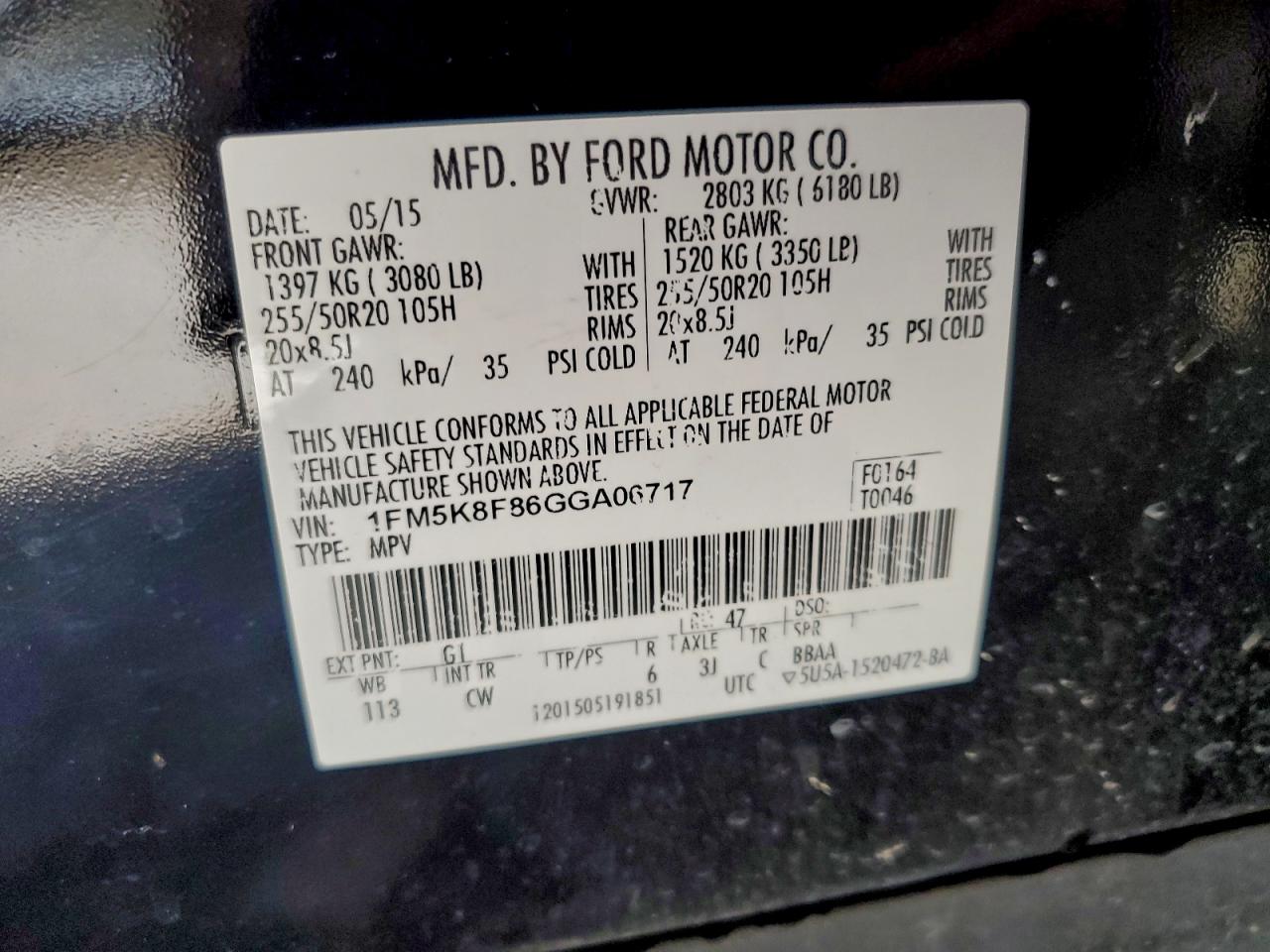 2016 Ford Explorer Limited VIN: 1FM5K8F86GGA06717 Lot: 94394235