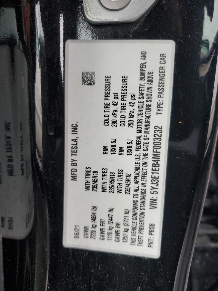 2021 Tesla Model 3 VIN: 5YJ3E1EB4MF003232 Lot: 92287195