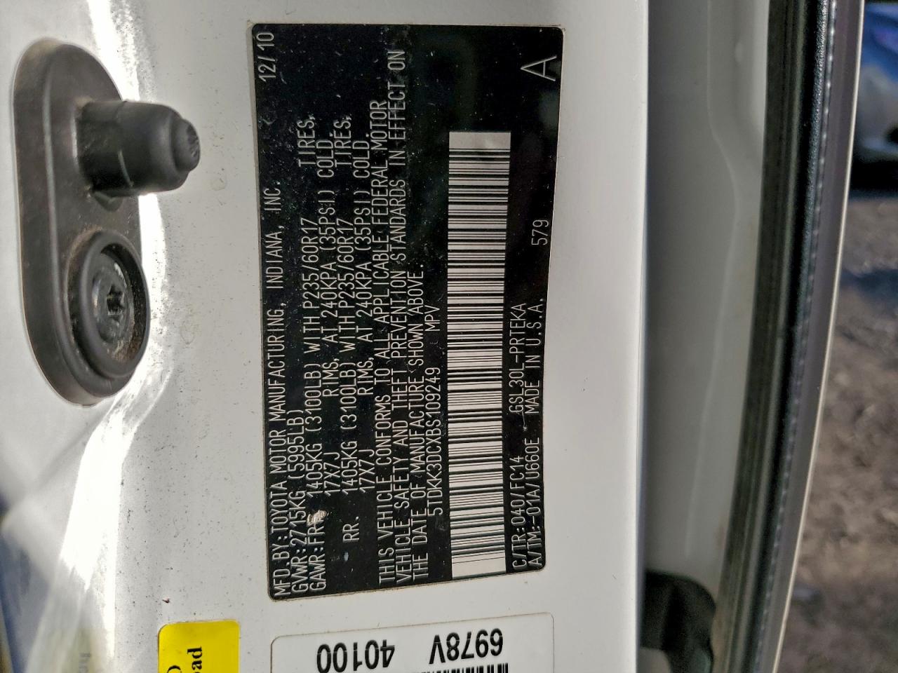 2011 Toyota Sienna Le VIN: 5TDKK3DCXBS109249 Lot: 94274335