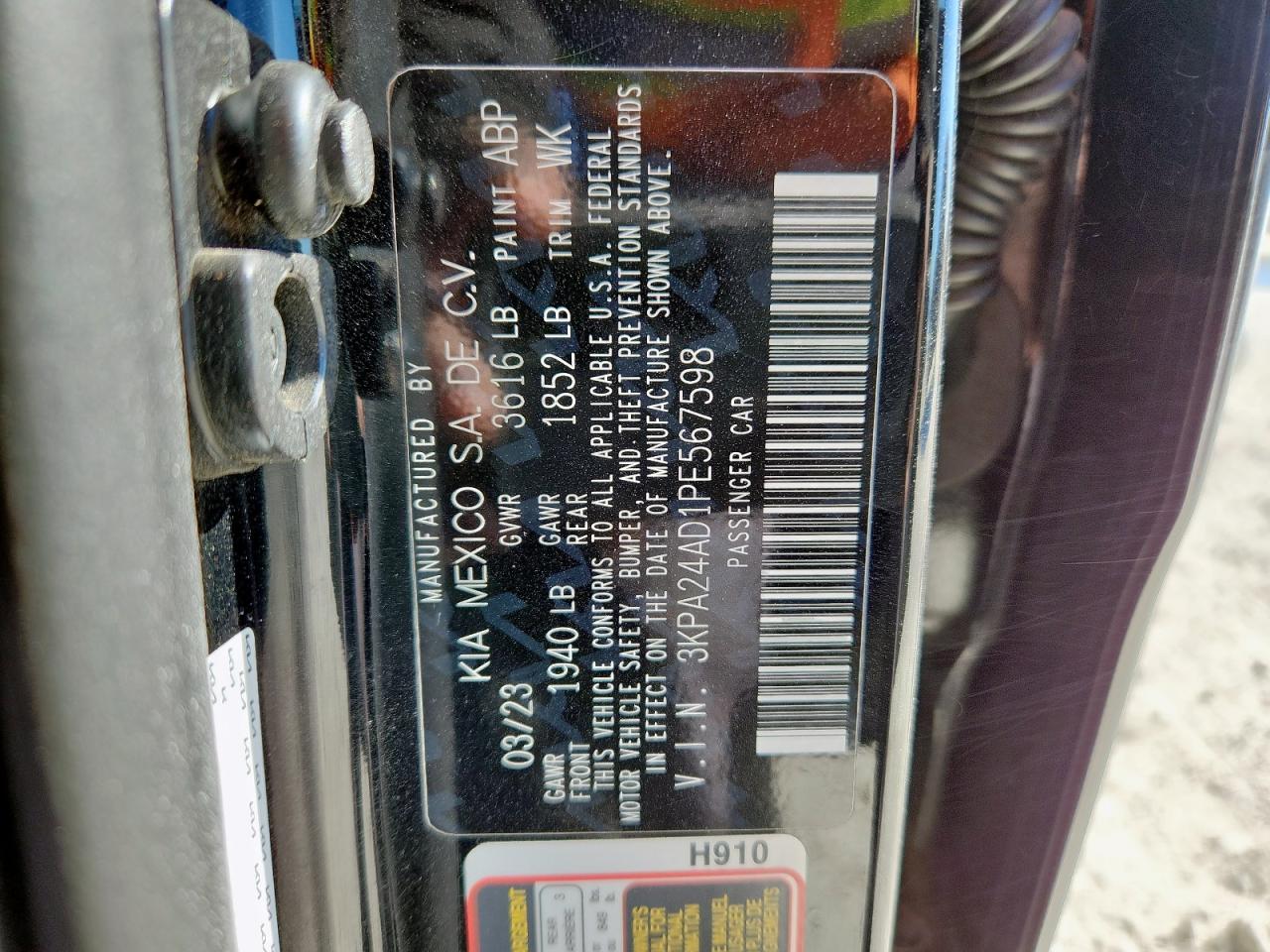 2023 Kia Rio Lx VIN: 3KPA24AD1PE567598 Lot: 92282685