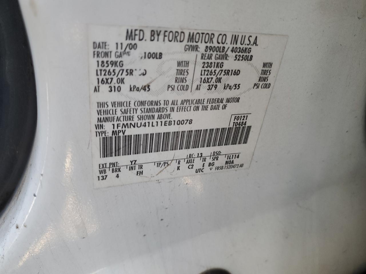 2001 Ford Excursion Xlt VIN: 1FMNU41L11EB10078 Lot: 91201465