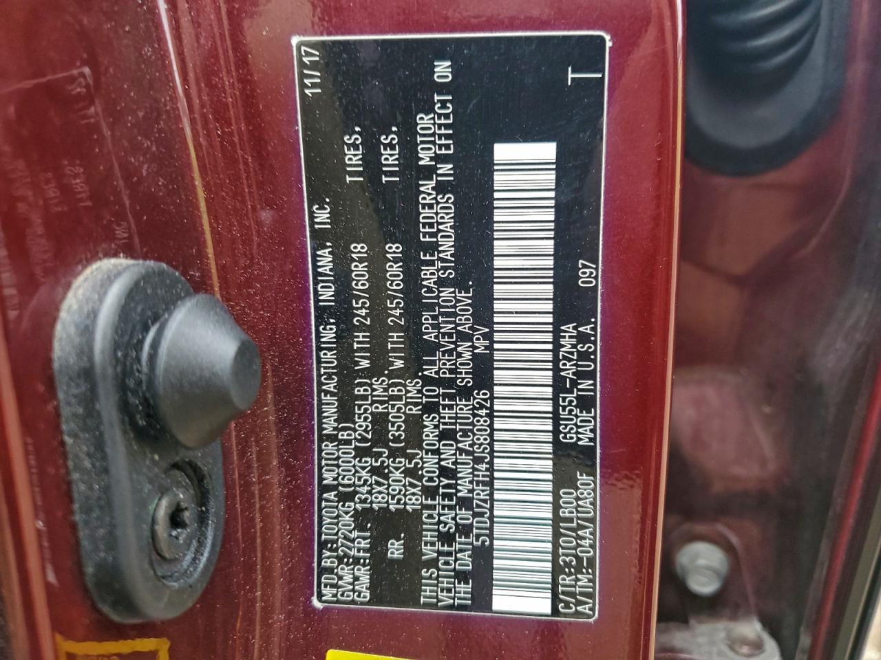 2018 Toyota Highlander Se VIN: 5TDJZRFH4JS808426 Lot: 94134625