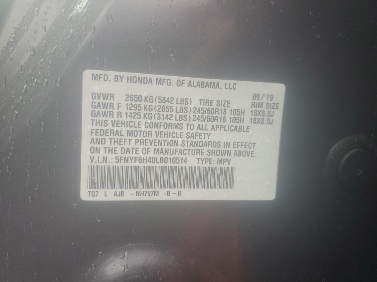 2020 Honda Pilot Exl VIN: 5FNYF6H40LB010514 Lot: 92132115