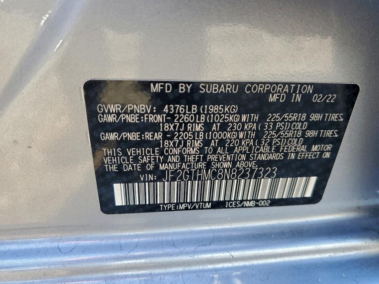 2022 Subaru Crosstrek Limited VIN: JF2GTHMC8N8237323 Lot: 93631245