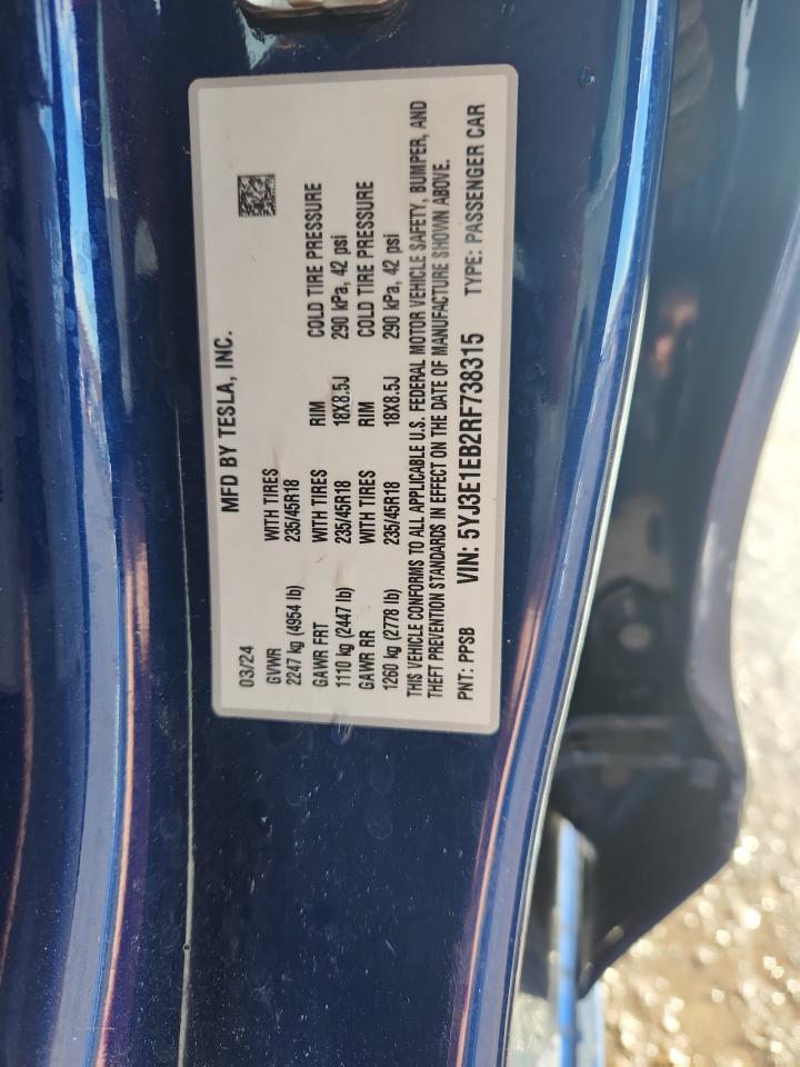2024 Tesla Model 3 VIN: 5YJ3E1EB2RF738315 Lot: 93363995
