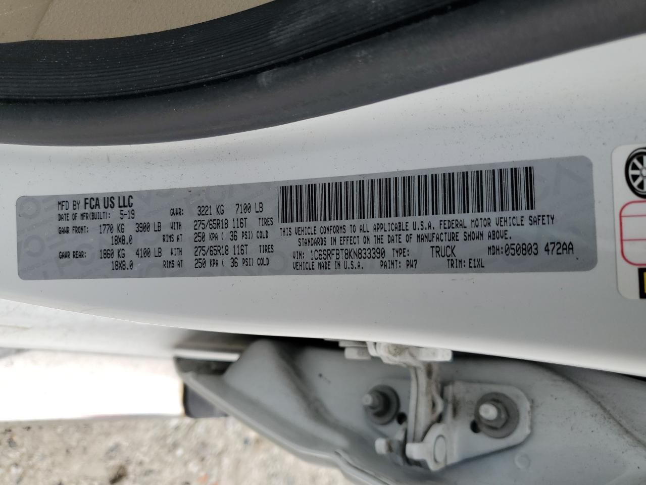 2019 Ram 1500 Big Horn/Lone Star VIN: 1C6SRFBT8KN833390 Lot: 91056795