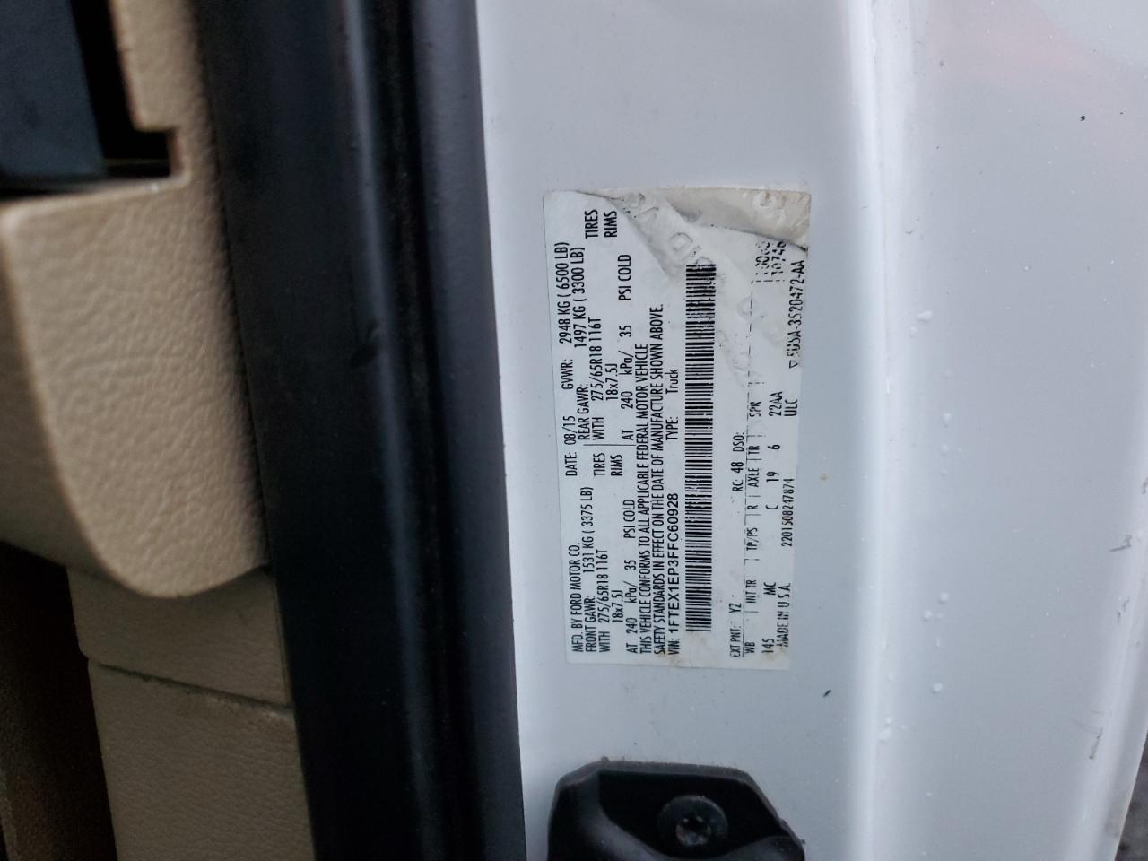 2015 Ford F150 Super Cab VIN: 1FTEX1EP3FFC60928 Lot: 93503425