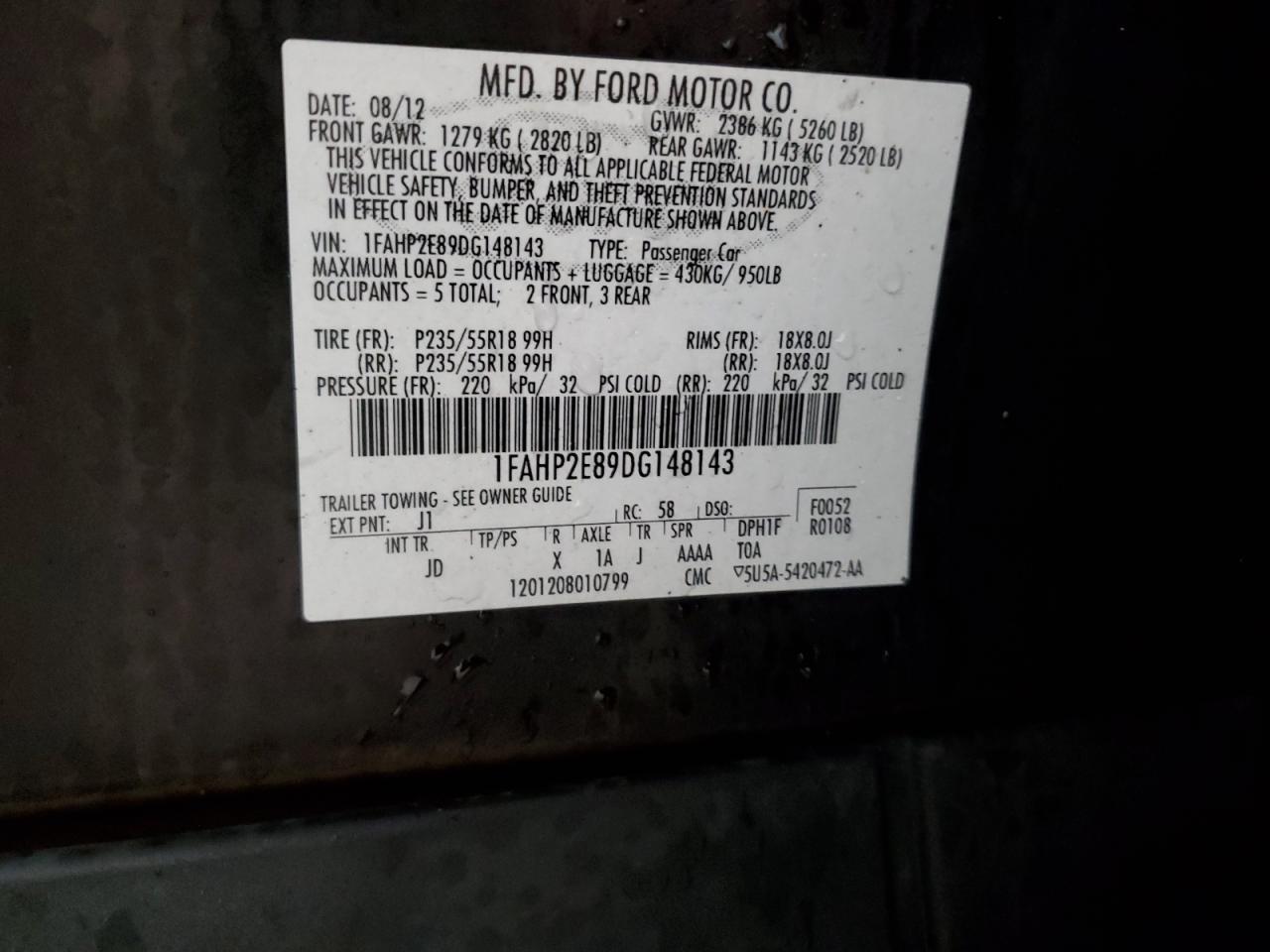 2013 Ford Taurus Sel VIN: 1FAHP2E89DG148143 Lot: 92326395