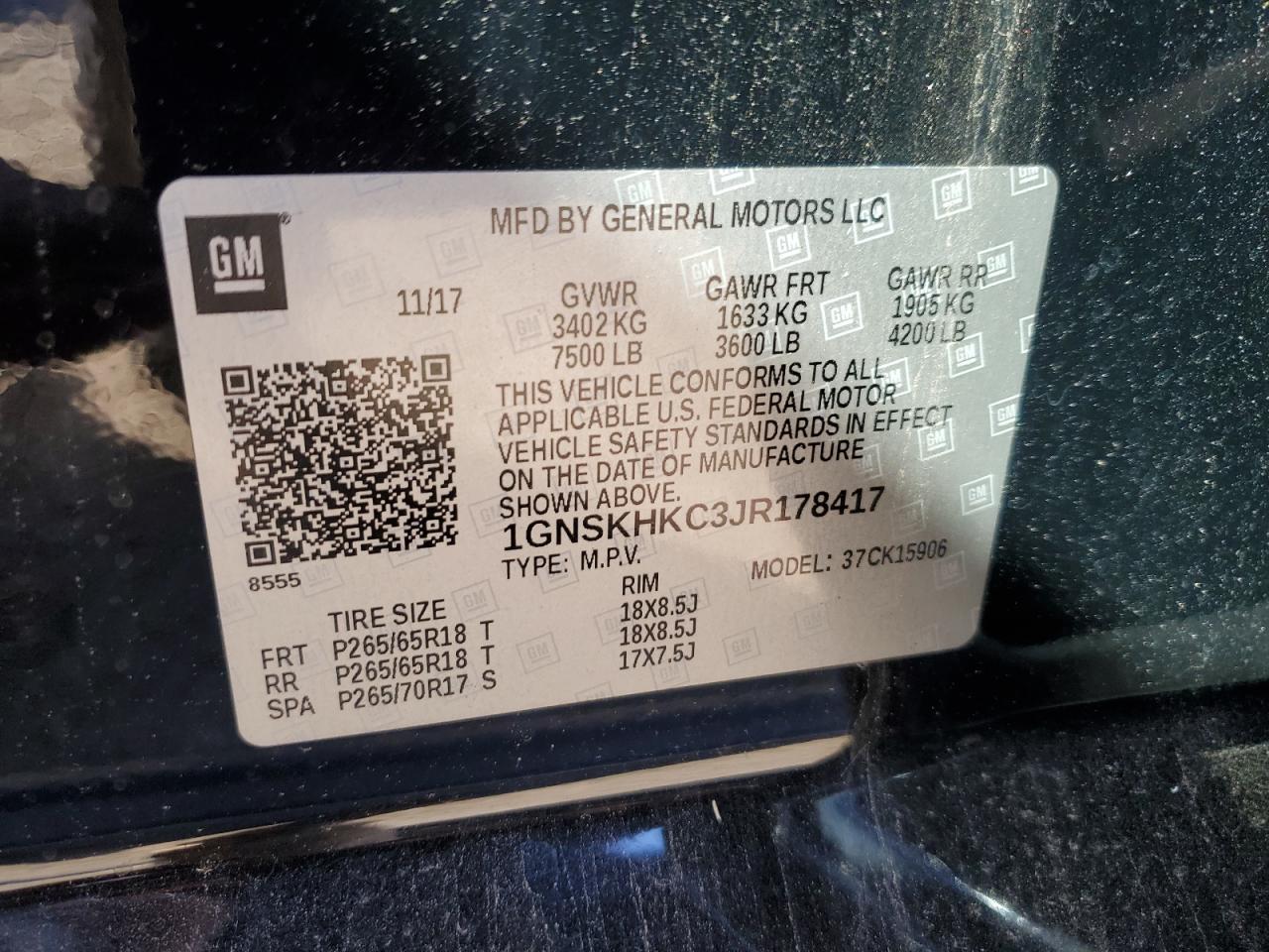 2018 Chevrolet Suburban K1500 Lt VIN: 1GNSKHKC3JR178417 Lot: 93157075