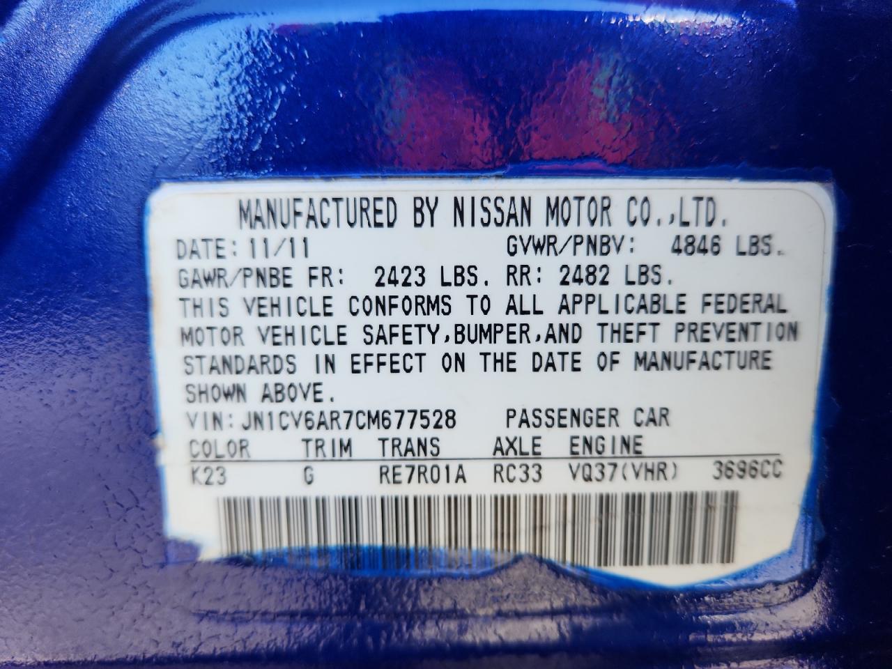 2012 Infiniti G37 VIN: JN1CV6AR7CM677528 Lot: 90341365