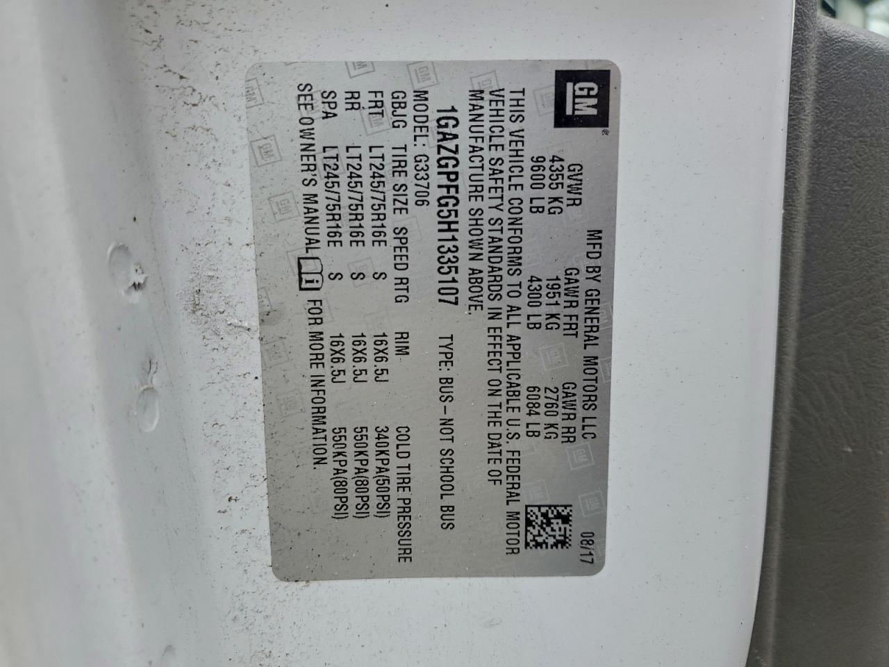 2017 Chevrolet Express G3500 Lt VIN: 1GAZGPFG5H1335107 Lot: 93664025