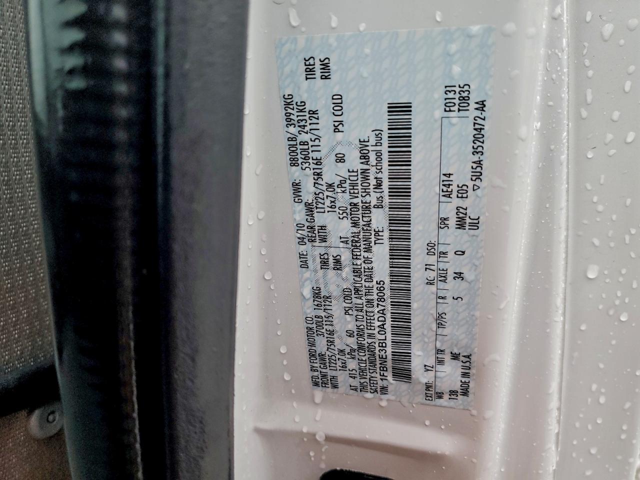 2010 Ford Econoline E350 Super Duty Wagon VIN: 1FBNE3BL0ADA78065 Lot: 94439155