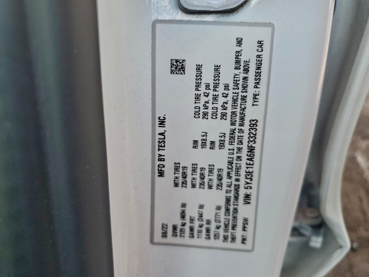 2022 Tesla Model 3 VIN: 5YJ3E1EA6NF332393 Lot: 94225995