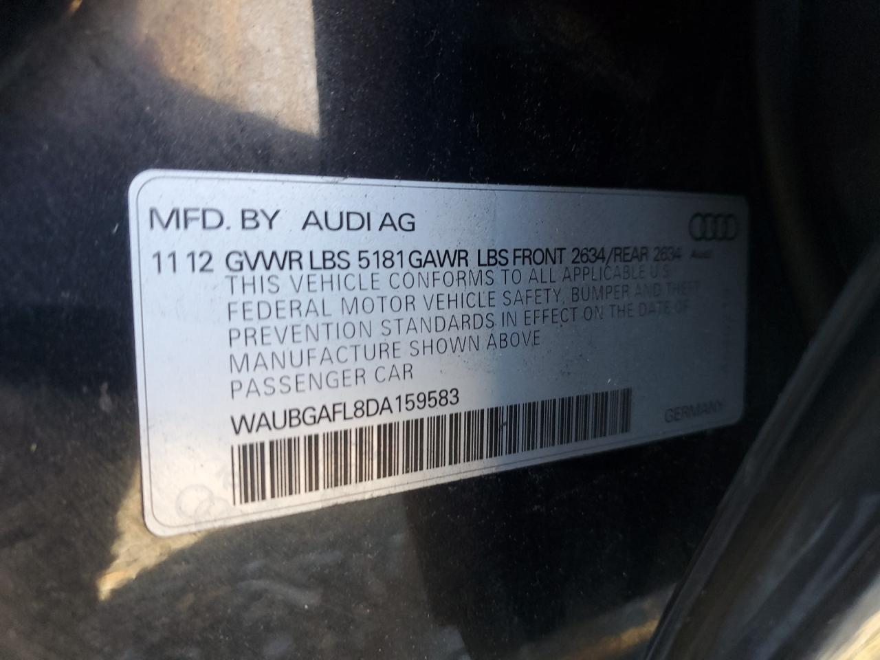 2013 Audi S4 Premium Plus VIN: WAUBGAFL8DA159583 Lot: 91695105