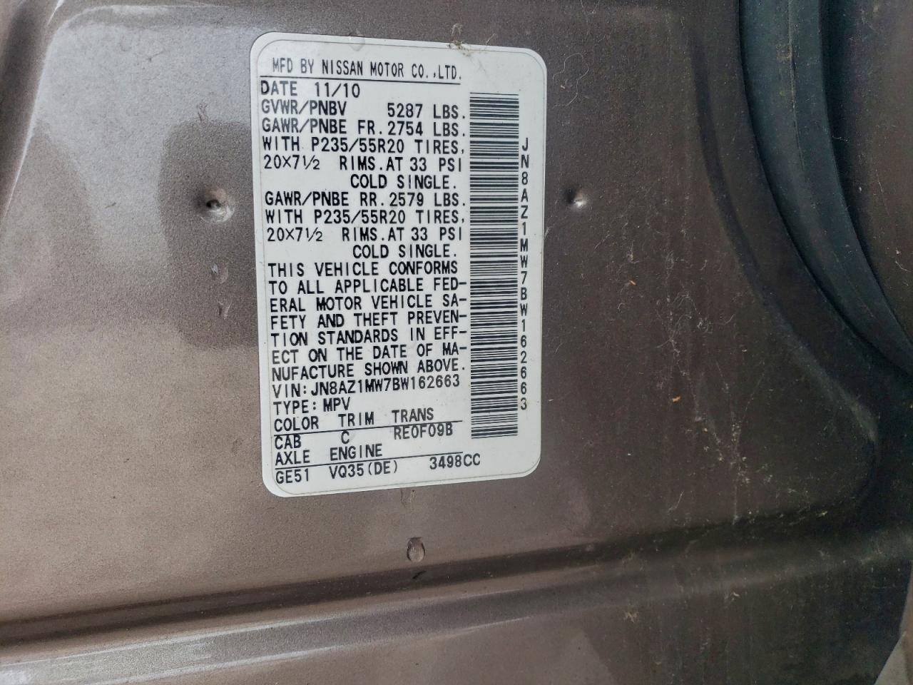 2011 Nissan Murano S VIN: JN8AZ1MW7BW162663 Lot: 94494865