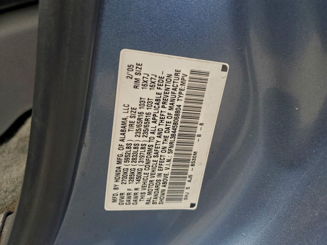 2005 Honda Odyssey Ex VIN: 5FNRL38445B068804 Lot: 94275925