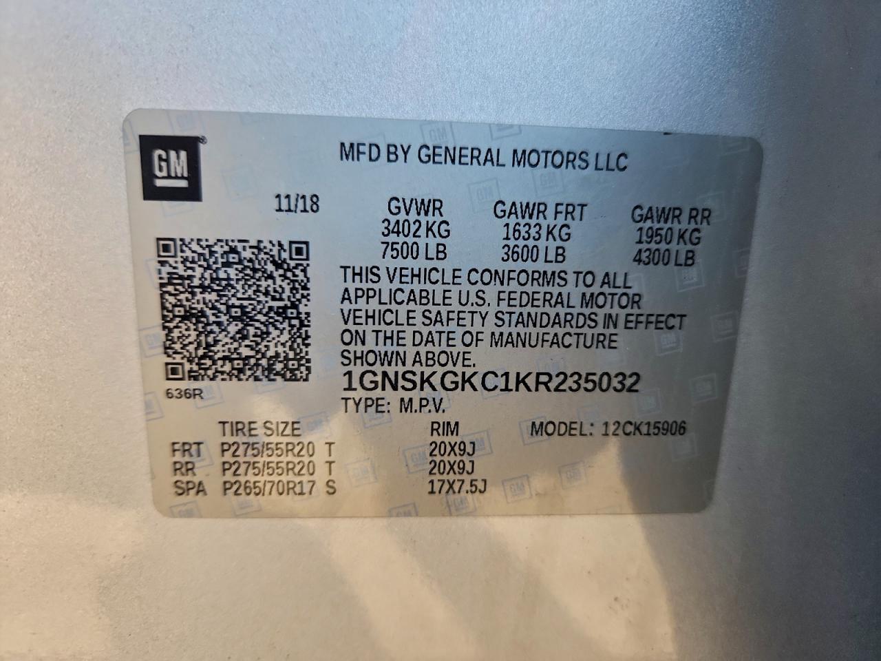 2019 Chevrolet Suburban K1500 Ls VIN: 1GNSKGKC1KR235032 Lot: 94445405