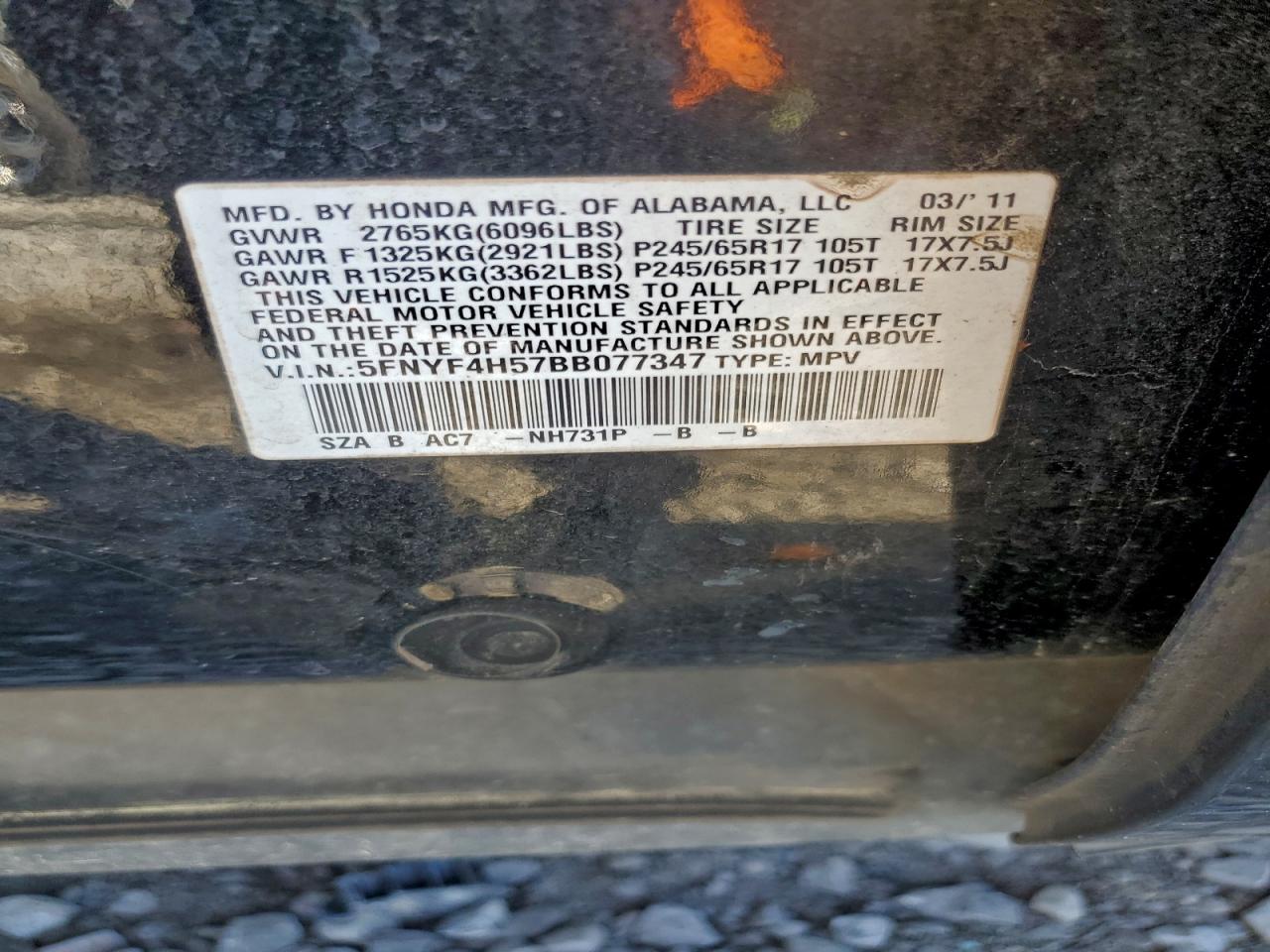 2011 Honda Pilot Exl VIN: 5FNYF4H57BB077347 Lot: 93963355