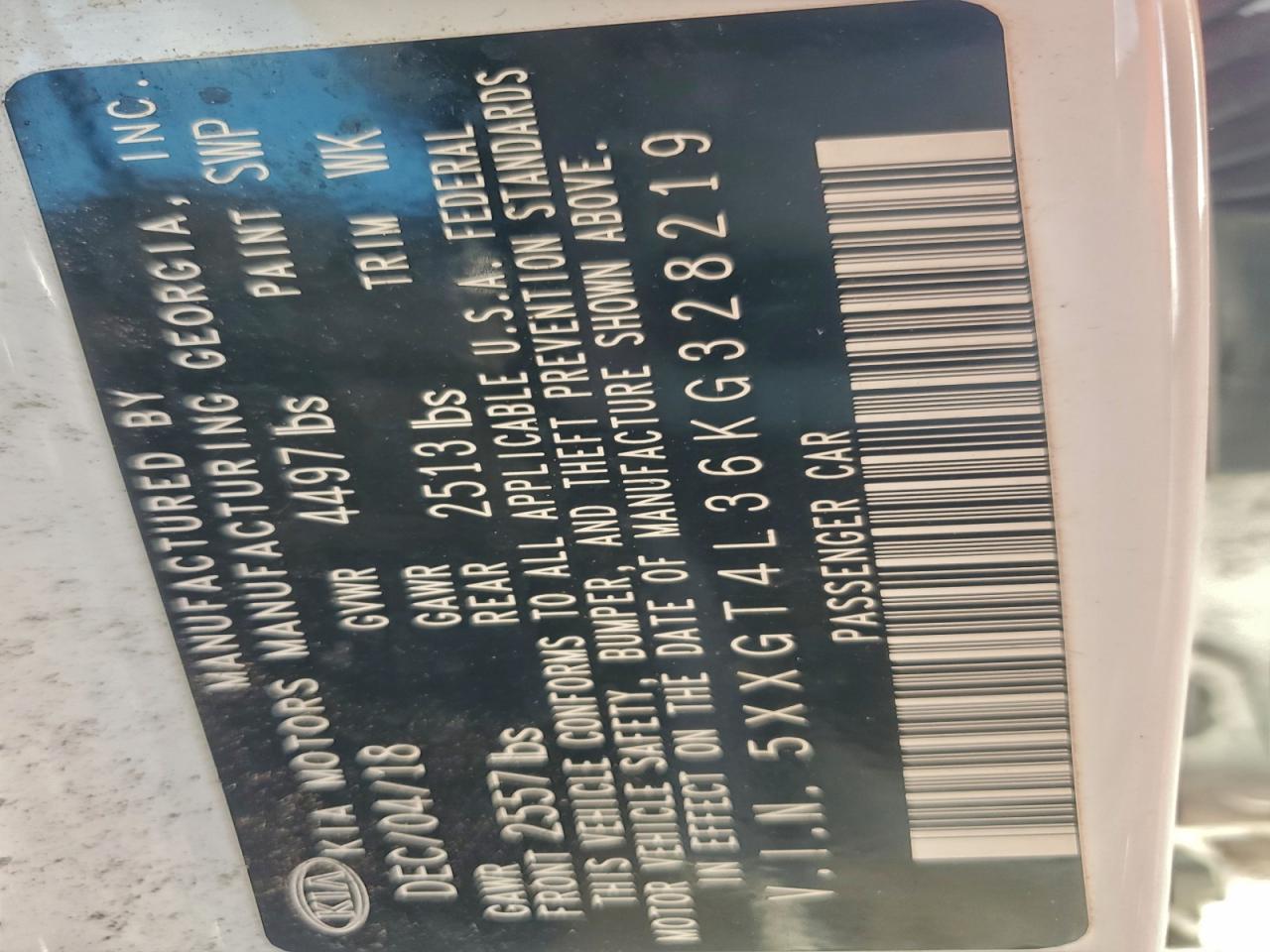 2019 Kia Optima Lx VIN: 5XXGT4L36KG328219 Lot: 94641575