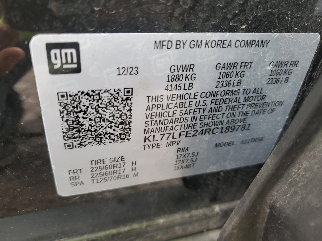 2024 Chevrolet Trax Ls VIN: KL77LFE24RC189781 Lot: 92329975