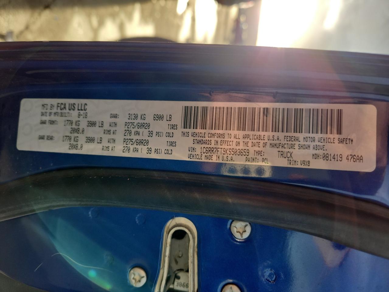 2019 Ram 1500 Classic Tradesman VIN: 1C6RR7FT9KS503659 Lot: 92692035