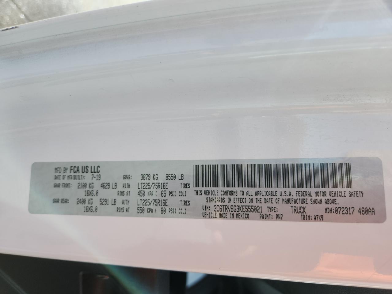 2019 Ram Promaster 1500 1500 High VIN: 3C6TRVBG3KE555021 Lot: 91123775