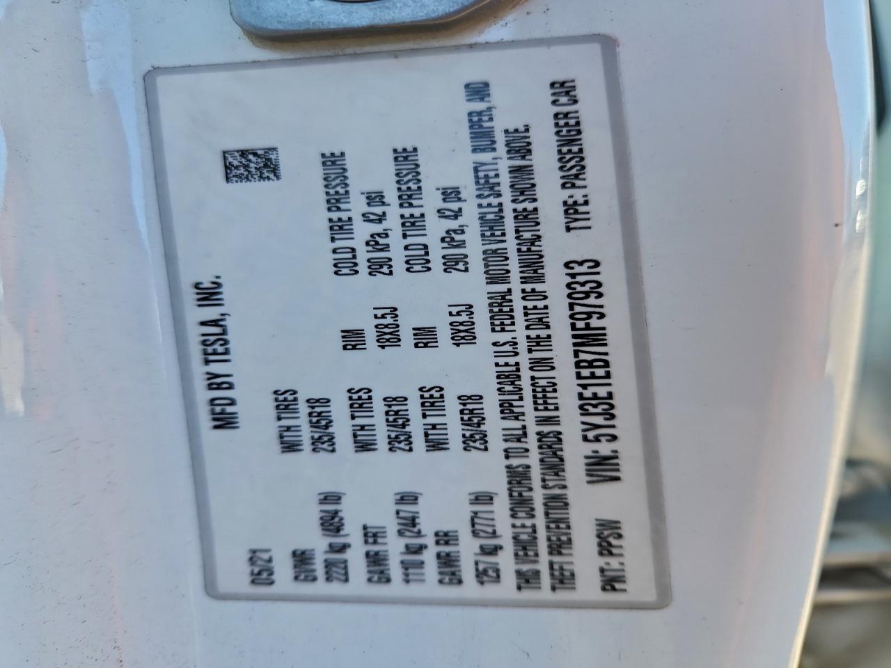 2021 Tesla Model 3 VIN: 5YJ3E1EB7MF979313 Lot: 94404915