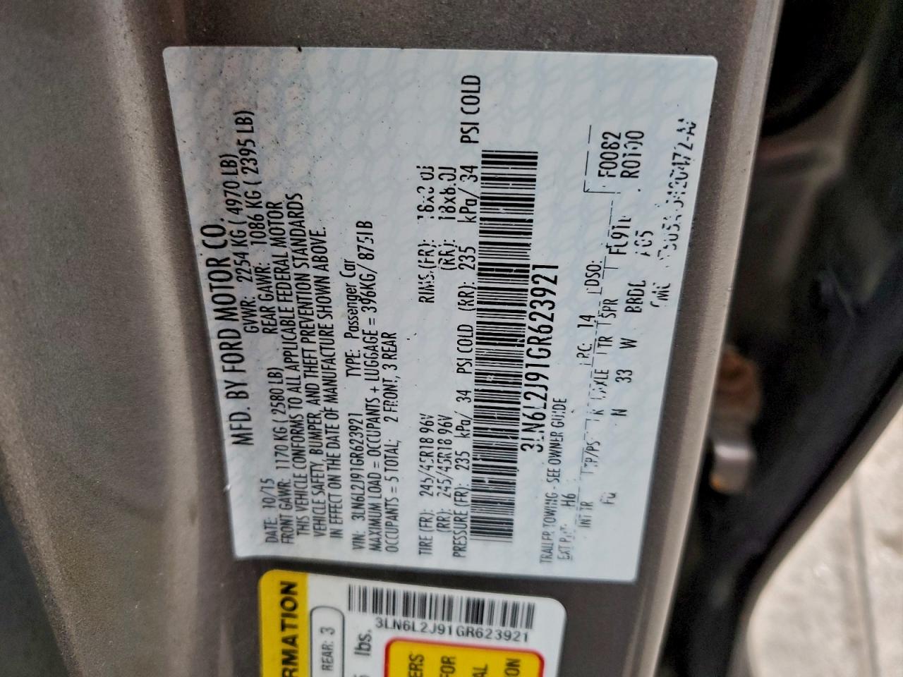 2016 Lincoln Mkz VIN: 3LN6L2J91GR623921 Lot: 93879015