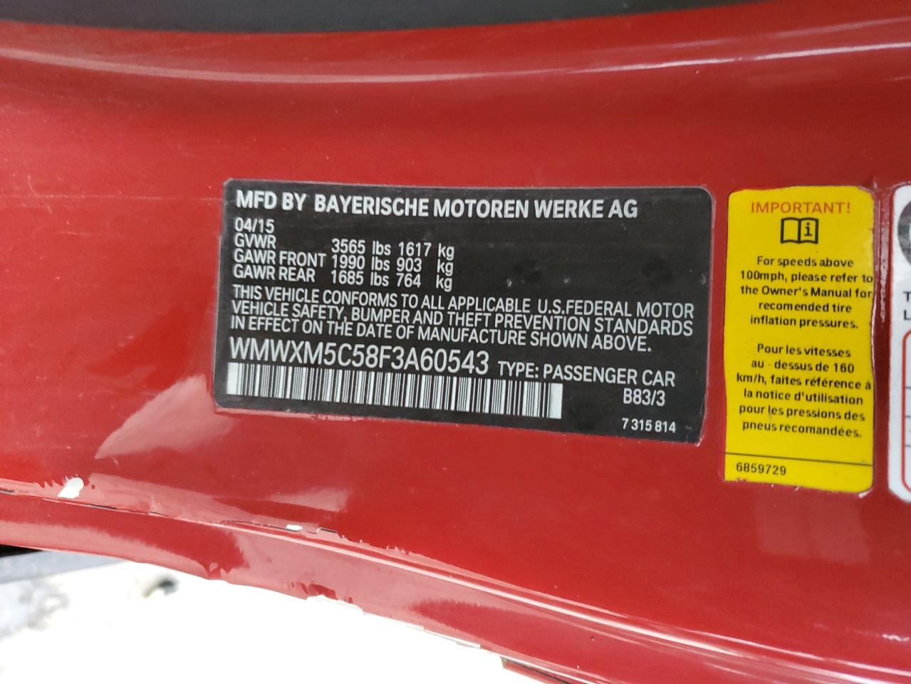 2015 Mini Cooper VIN: WMWXM5C58F3A60543 Lot: 94090725