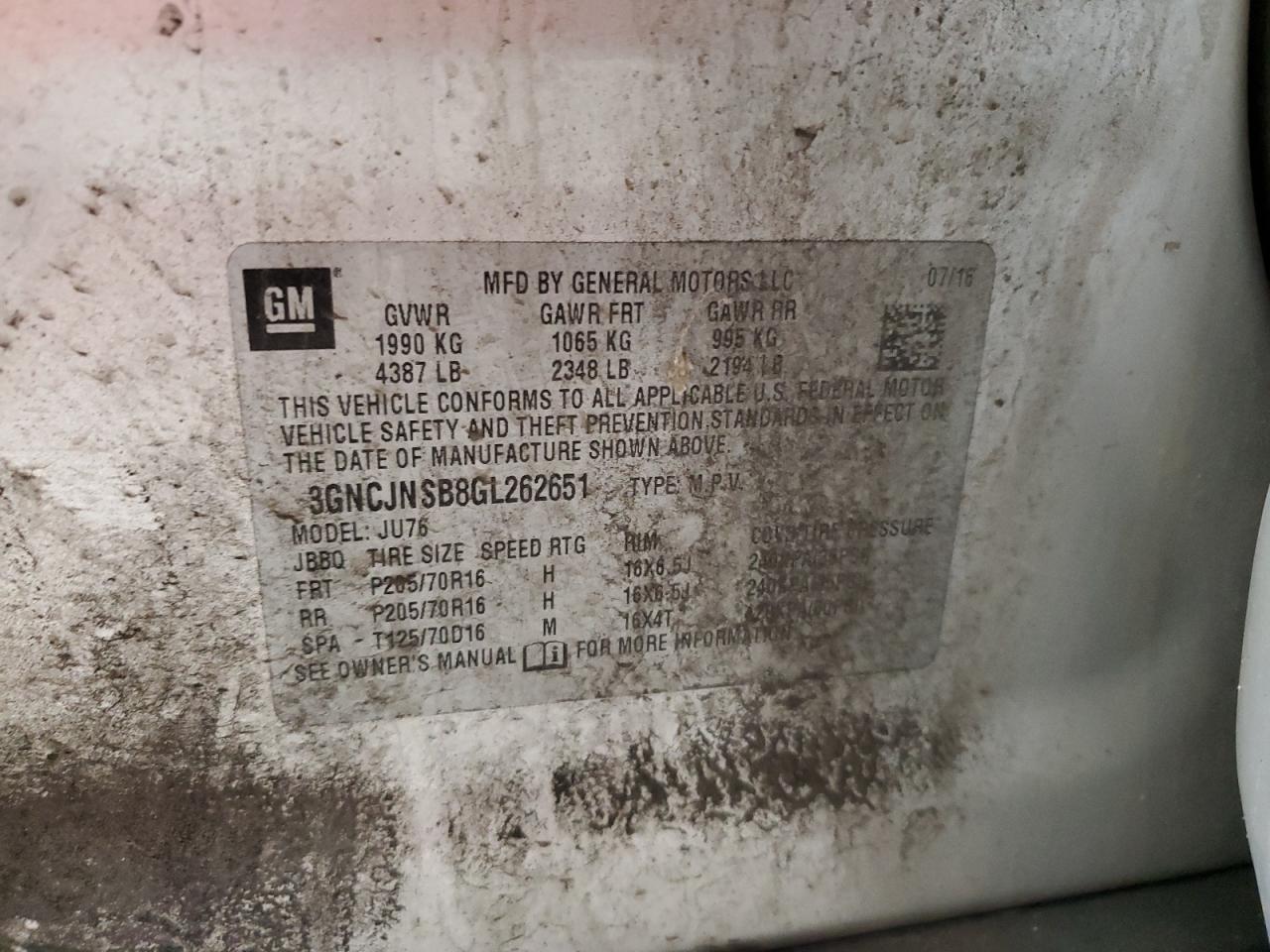 2016 Chevrolet Trax Ls VIN: 3GNCJNSB8GL262651 Lot: 92238005