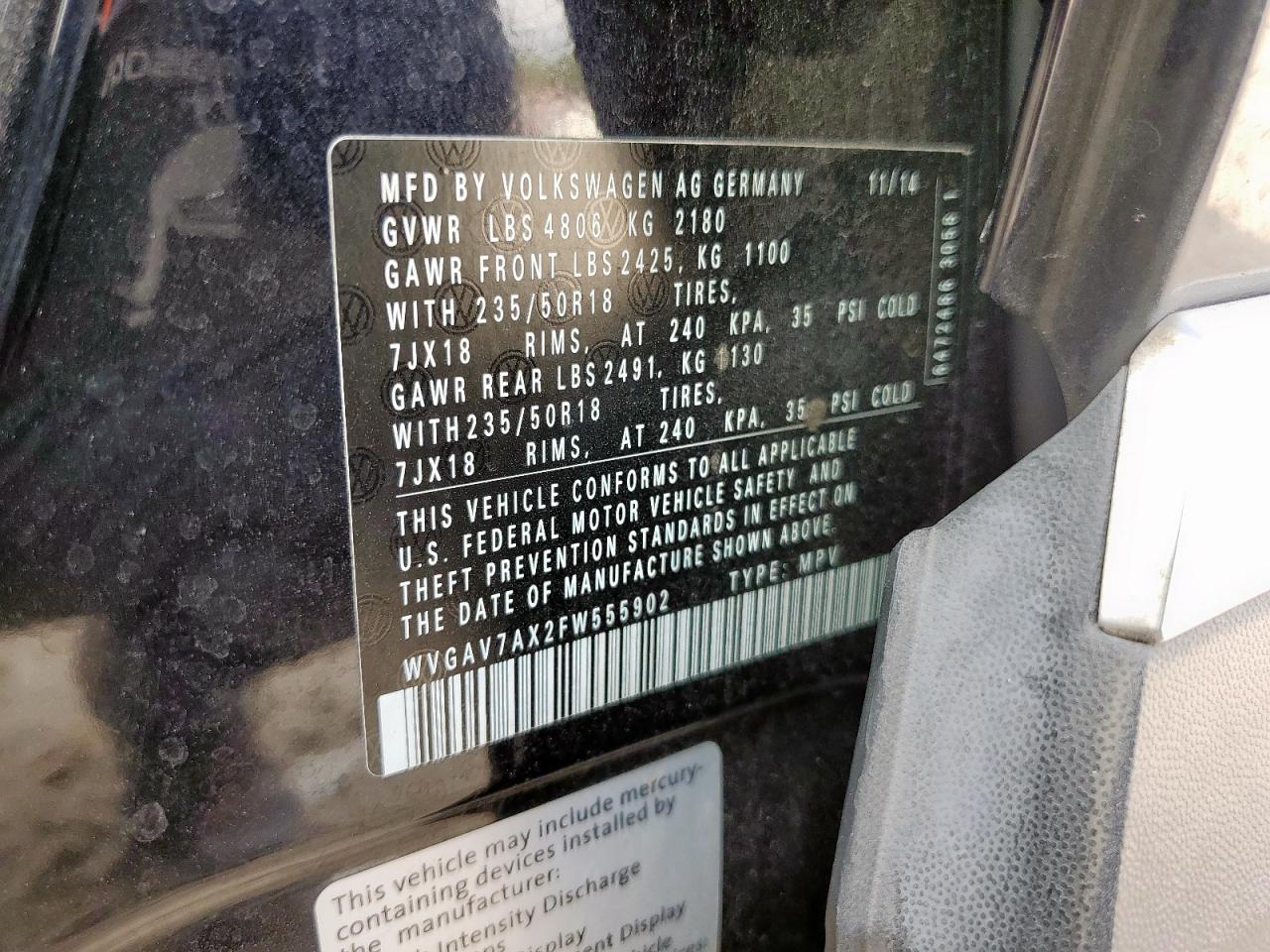 2015 Volkswagen Tiguan S VIN: WVGAV7AX2FW555902 Lot: 93837065