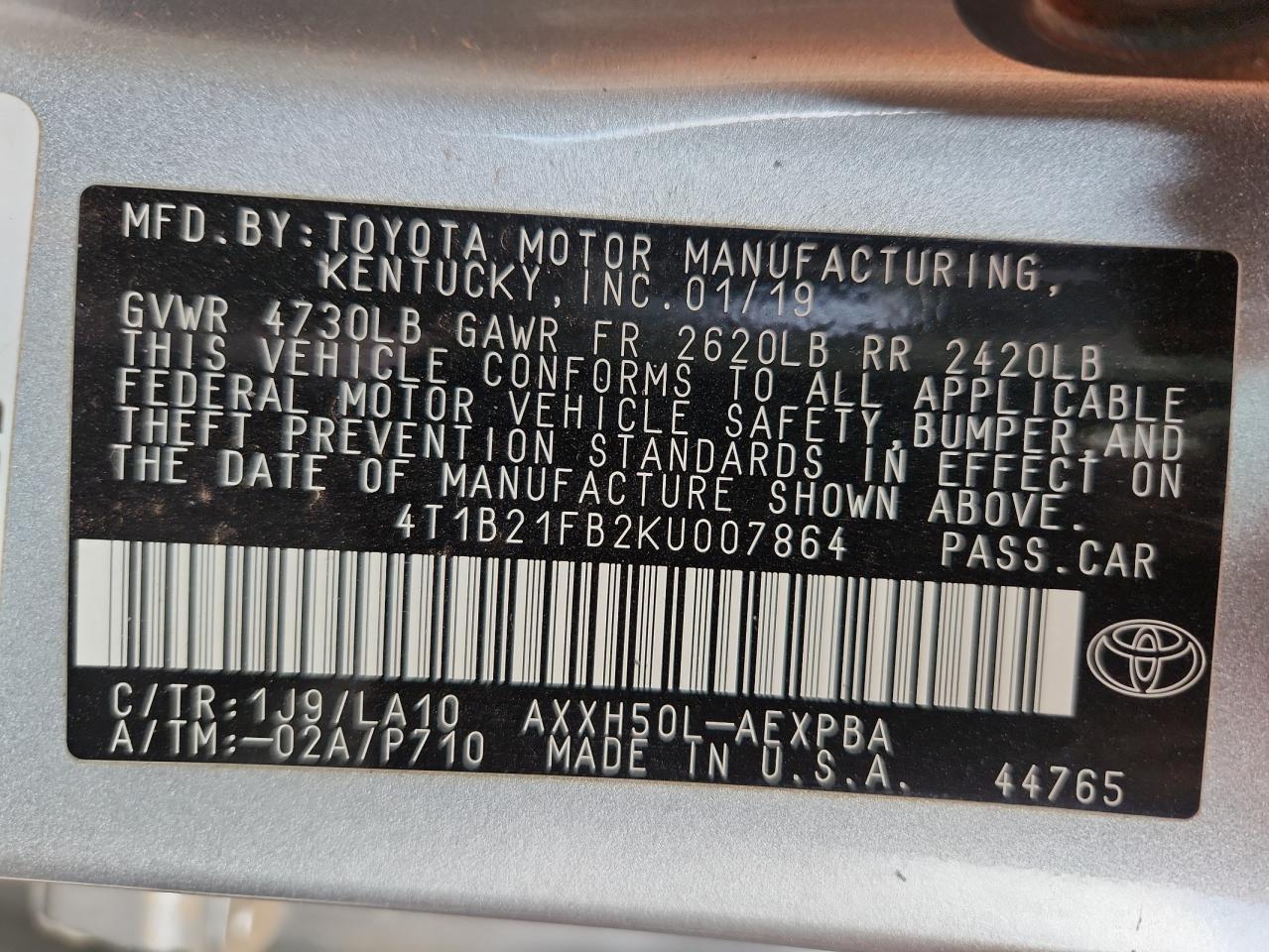 2019 Toyota Avalon Xle VIN: 4T1B21FB2KU007864 Lot: 92791955